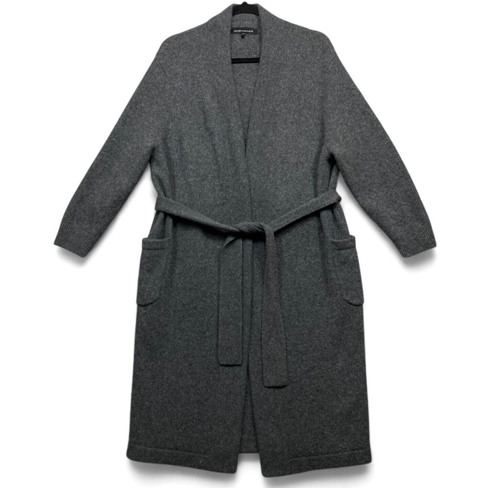 NakedCashmere Long Belted Robe Coat in Charcoal Gray